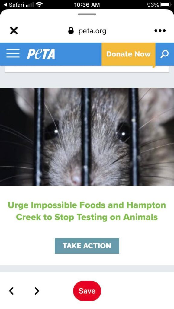 A rare screenshot of the PETA action against Hampton Creek / Just Foods and Impossible Foods.